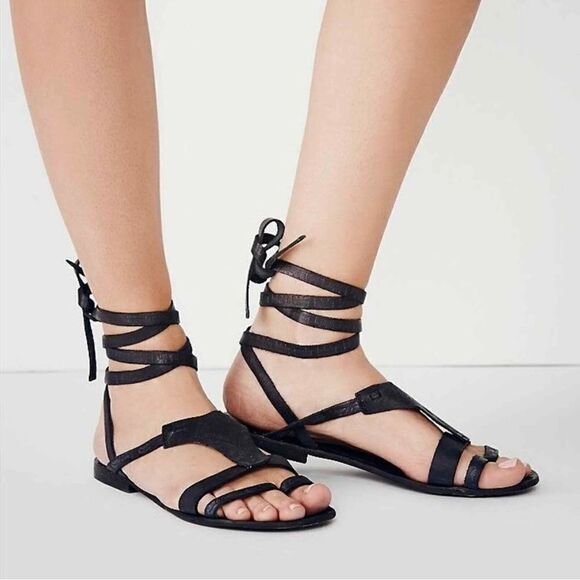 Free People Lace Up Gladiator Leather Sandals Black Size 38 - Picture 1 of 13